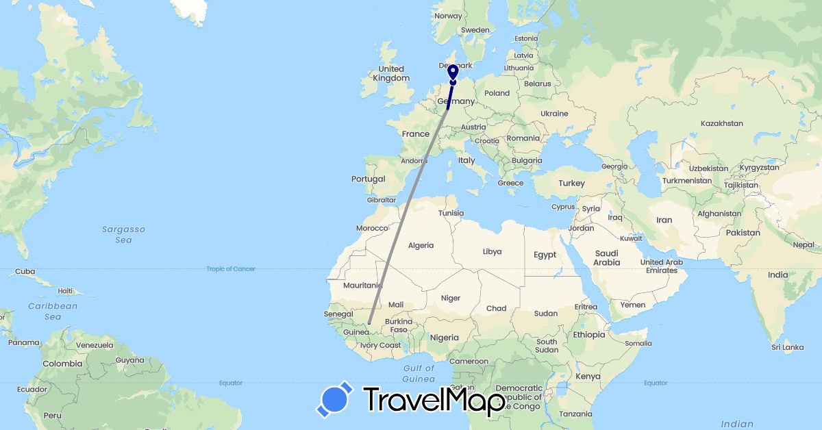 TravelMap itinerary: driving, bus, plane, cycling in Germany, Mali (Africa, Europe)